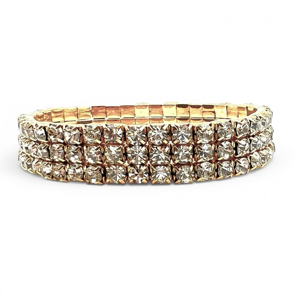 Rhinestone 3 Row Tennis Bracelet Stretch Gold Tone Elegant Crystal Statement